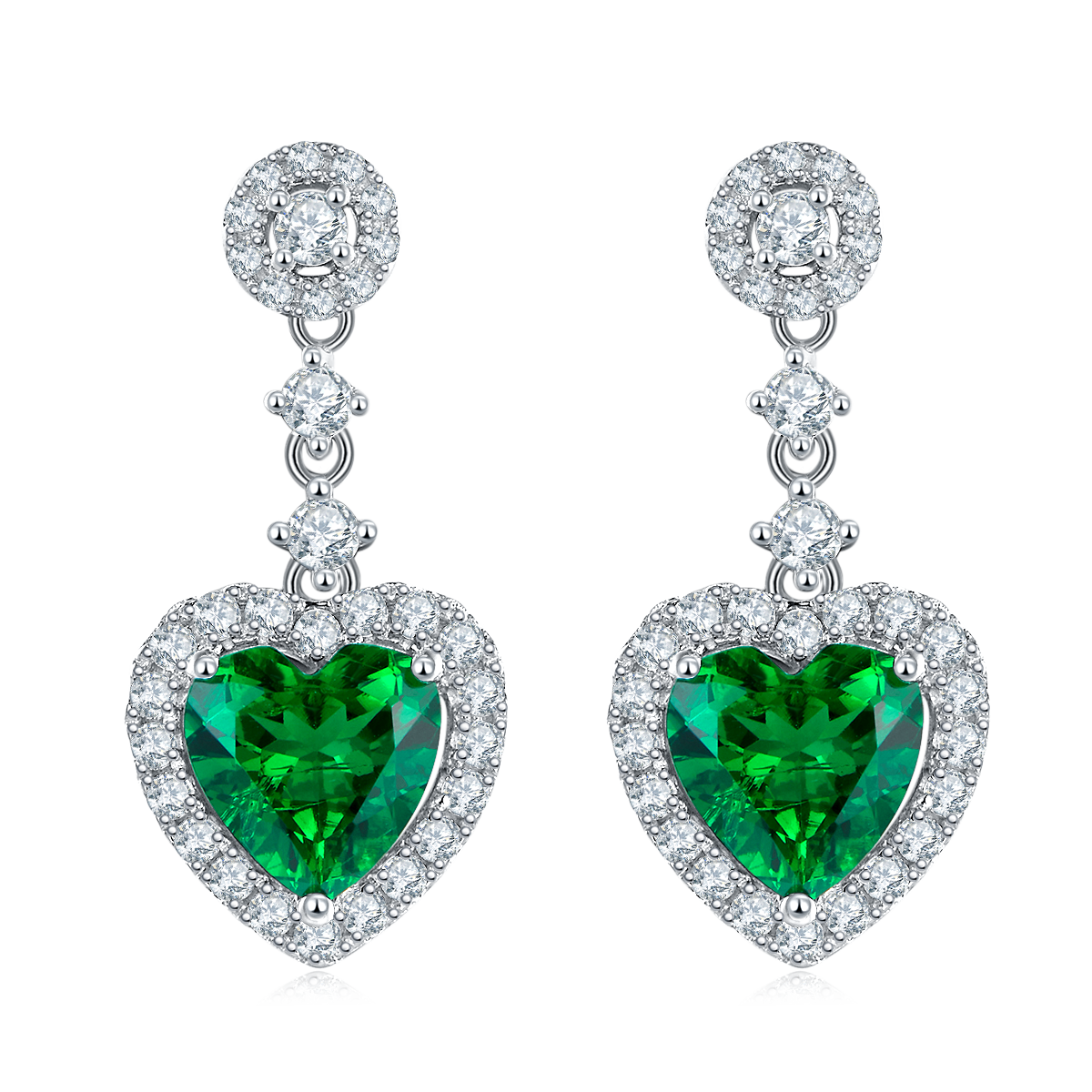 1.38 Carat Heart-Shaped Lab-Created Emerald Halo Drop Earrings in S925 Silver-Plated Platinum