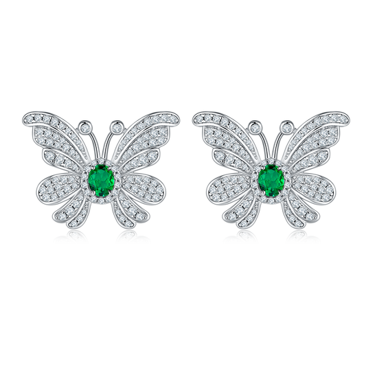 0.39 Carat Oval Lab Created Emerald Butterfly Stud Earrings in S925 Silver Plated Platinum