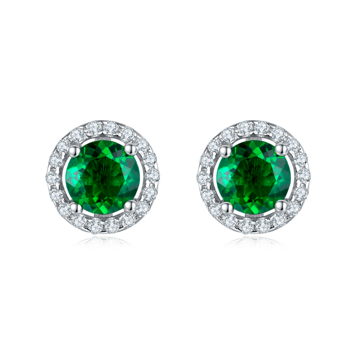 1.0 Carat Round Lab-Grown Emerald Halo Stud Earrings in S925 Silver with Platinum Plating