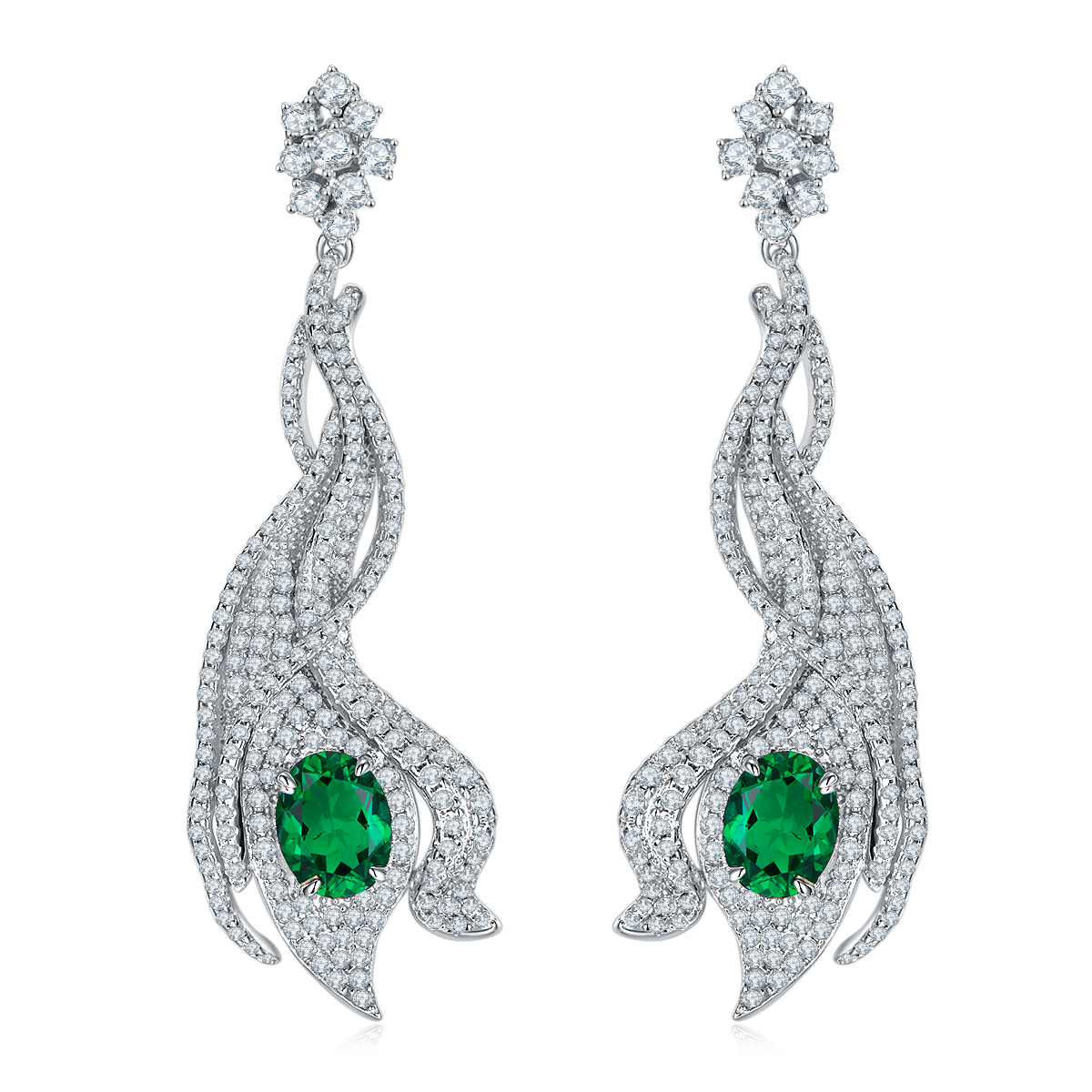 5.0 Carat Oval Lab-Created Gemstone S925 Silver Plated Platinum Phoenix Tail Drop Earrings