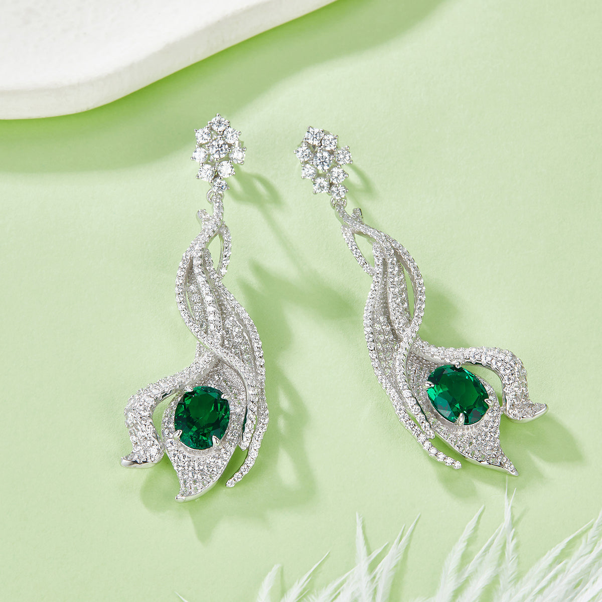 5.0 Carat Oval Lab-Created Gemstone S925 Silver Plated Platinum Phoenix Tail Drop Earrings