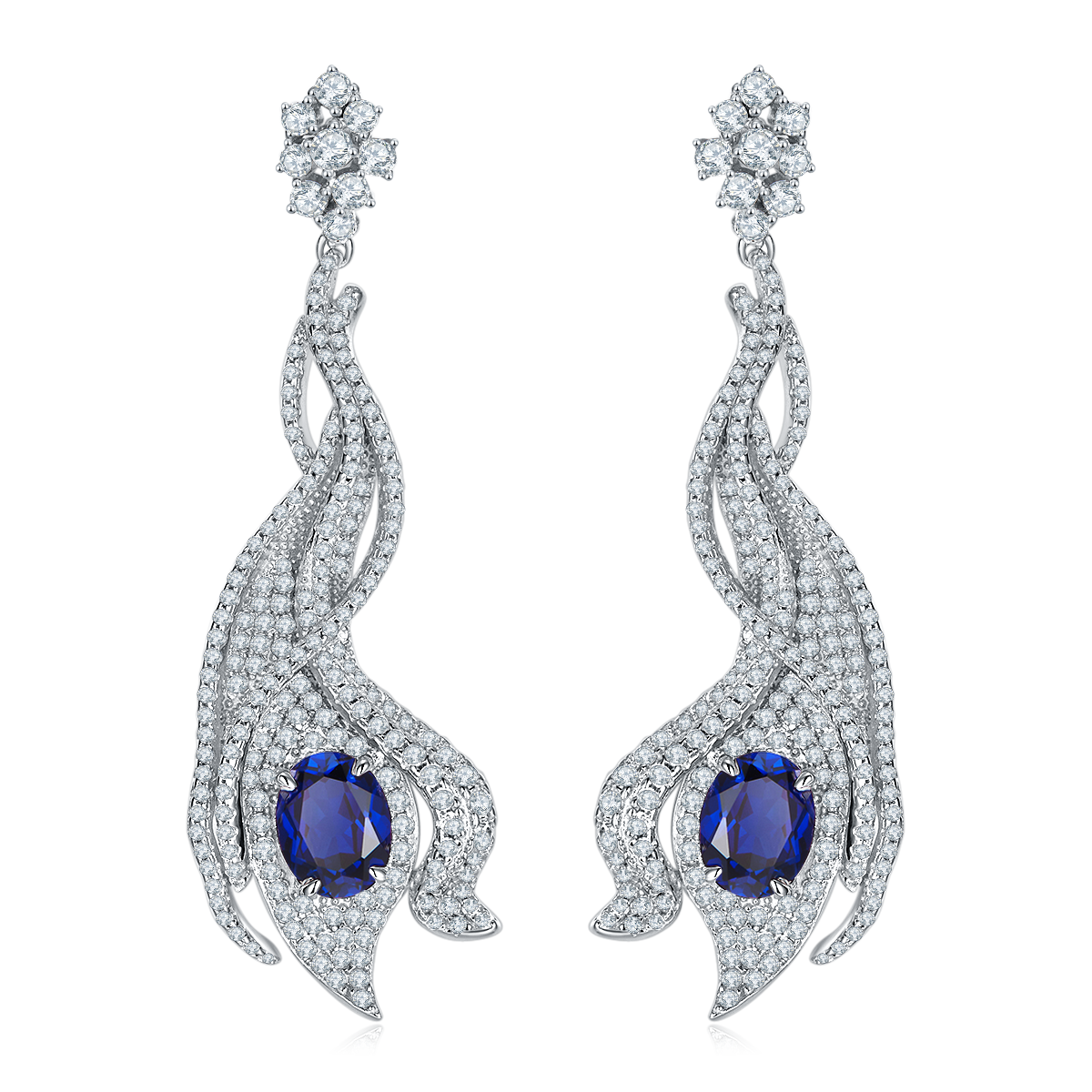 5.0 Carat Oval Lab-Created Gemstone S925 Silver Plated Platinum Phoenix Tail Drop Earrings
