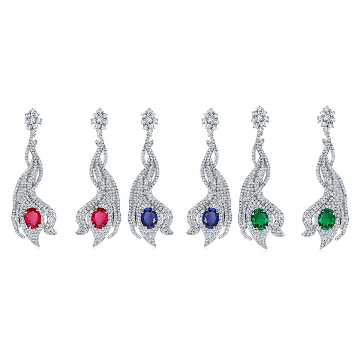 5.0 Carat Oval Lab-Created Gemstone S925 Silver Plated Platinum Phoenix Tail Drop Earrings