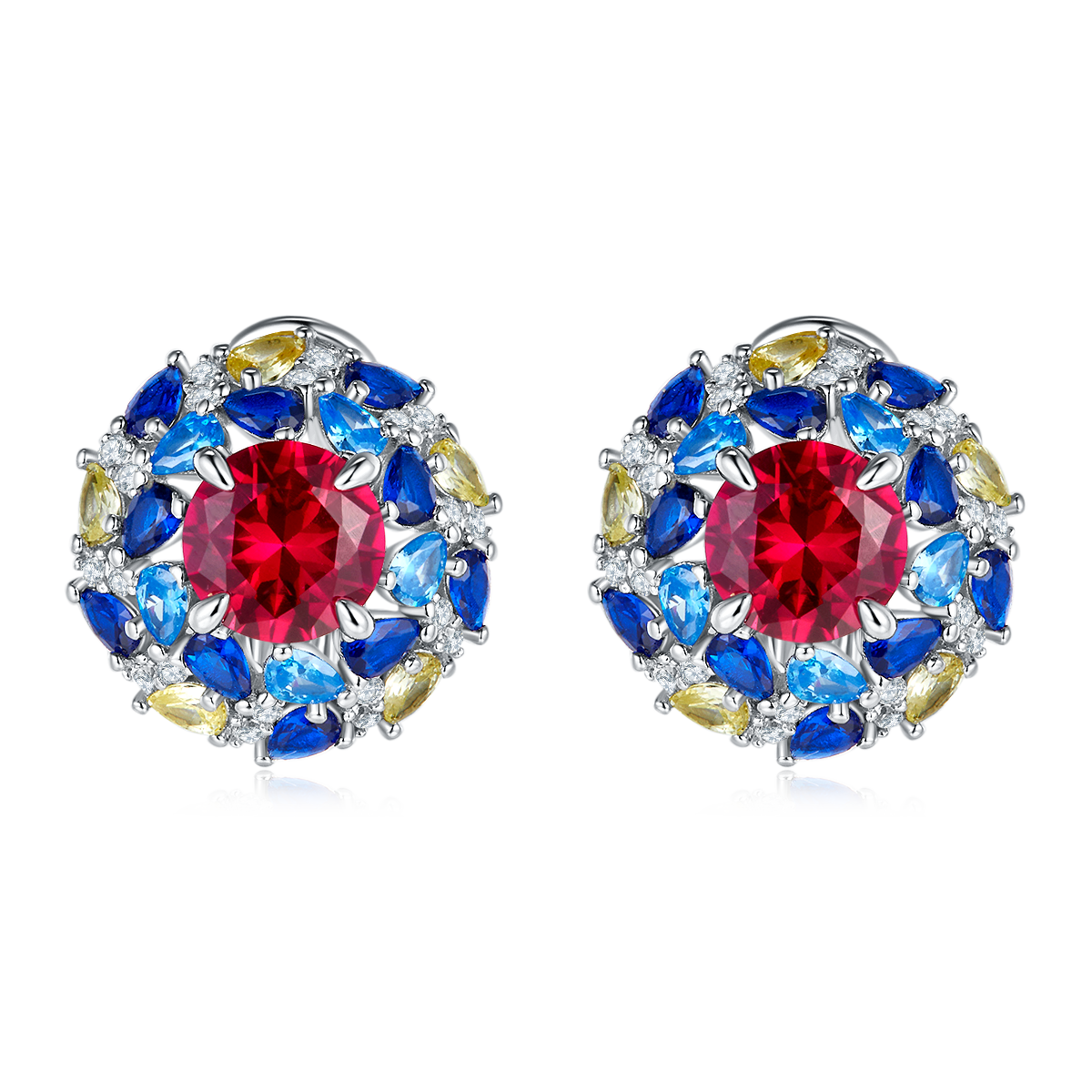 2.0 Carat Round Lab-Created Ruby Stud Earrings with Double-Layer Colored Halo in S925 Silver Plated Platinum