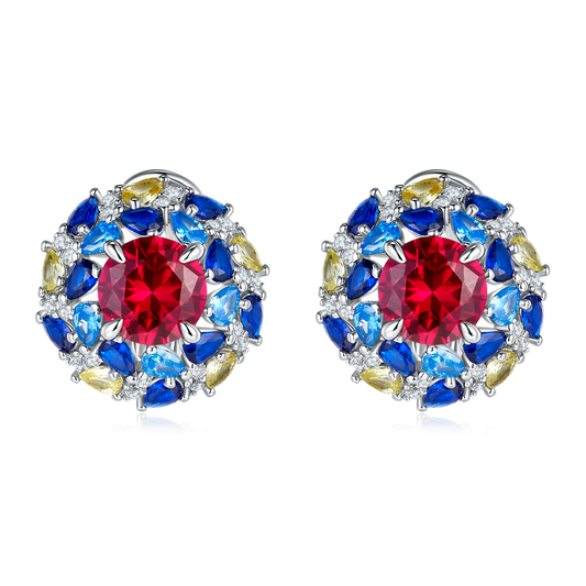 2.0 Carat Round Lab-Created Ruby Stud Earrings with Double-Layer Colored Halo in S925 Silver Plated Platinum