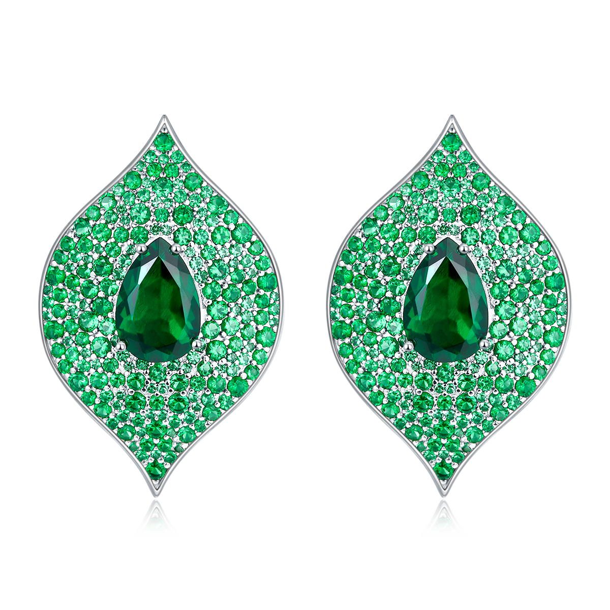 8.0 Carat Pear-Shaped Lab Created Gemstone S925 Silver-Plated Platinum Leaf Stud Earrings