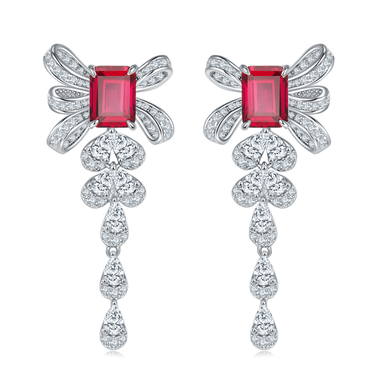 Elegant 4.0 Carat Rectangular Lab-Grown Gemstone Silver-Plated Platinum Bow Earrings
