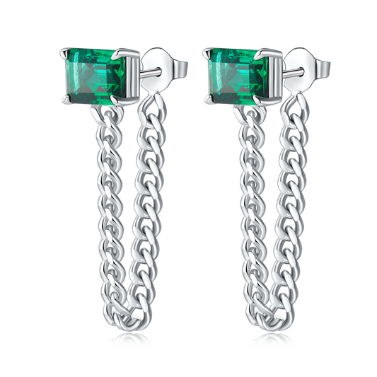 Elegant 4.0 Carat Rectangular Lab-Created Gemstone Earrings with S925 Silver-Plated Platinum Chain