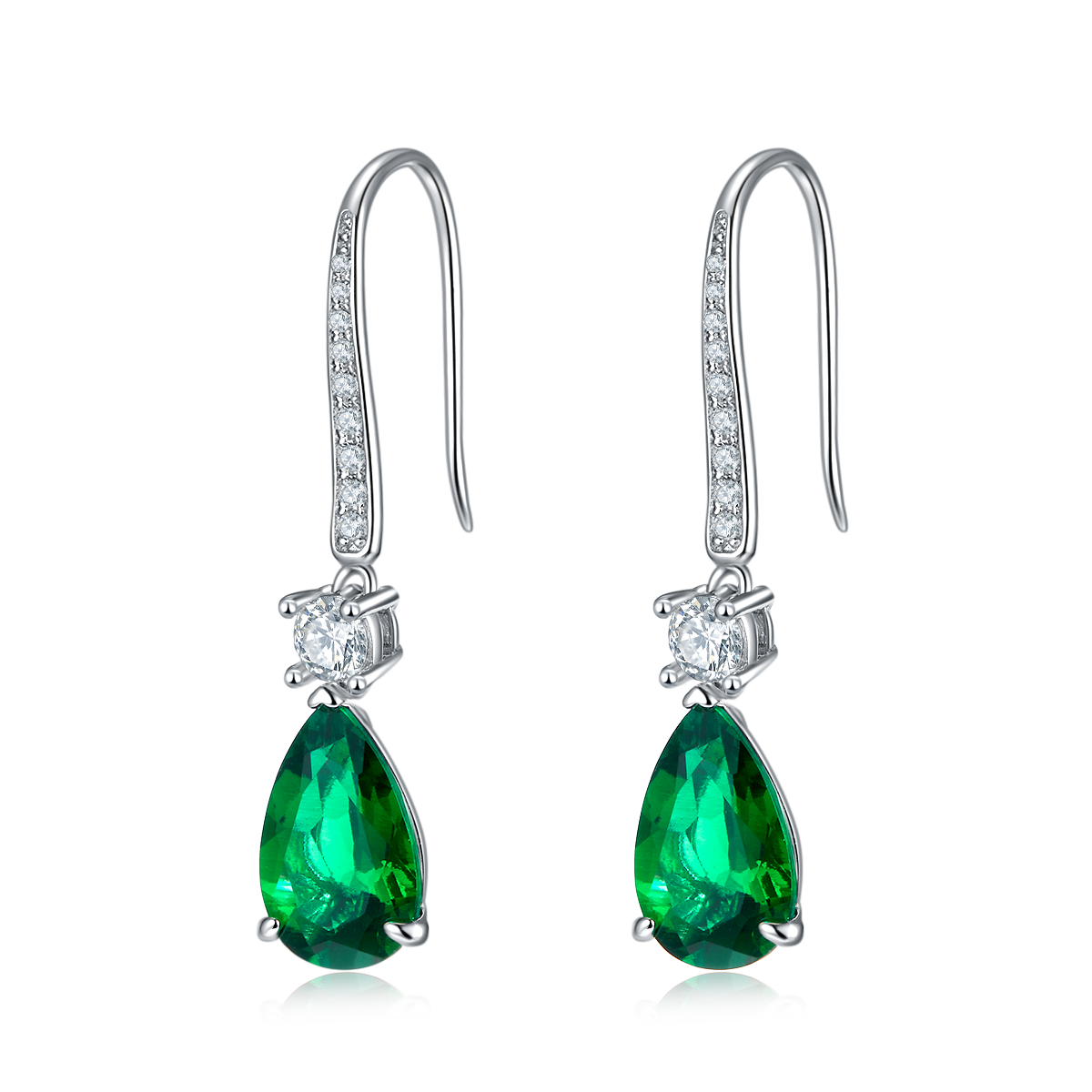 6.0 Carat Pear Shaped Lab Created Emerald Pendant in S925 Silver Plated Platinum Hook Earrings