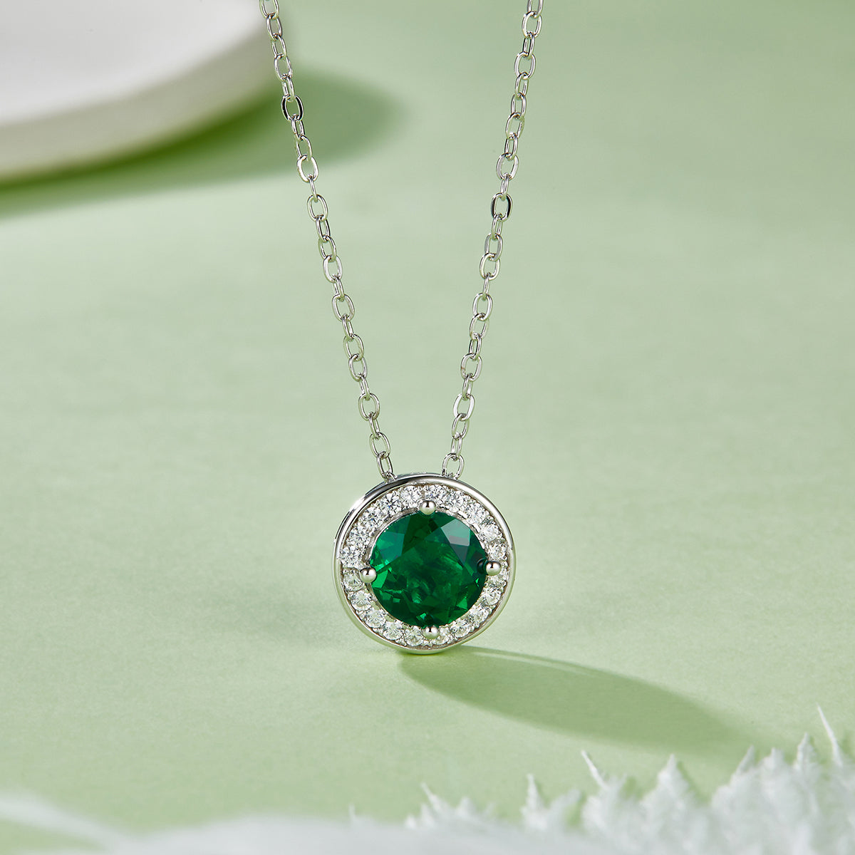 1.0 Carat Round Cultivated Colored Gemstone Halo Necklace in S925 Silver and Platinum Finish