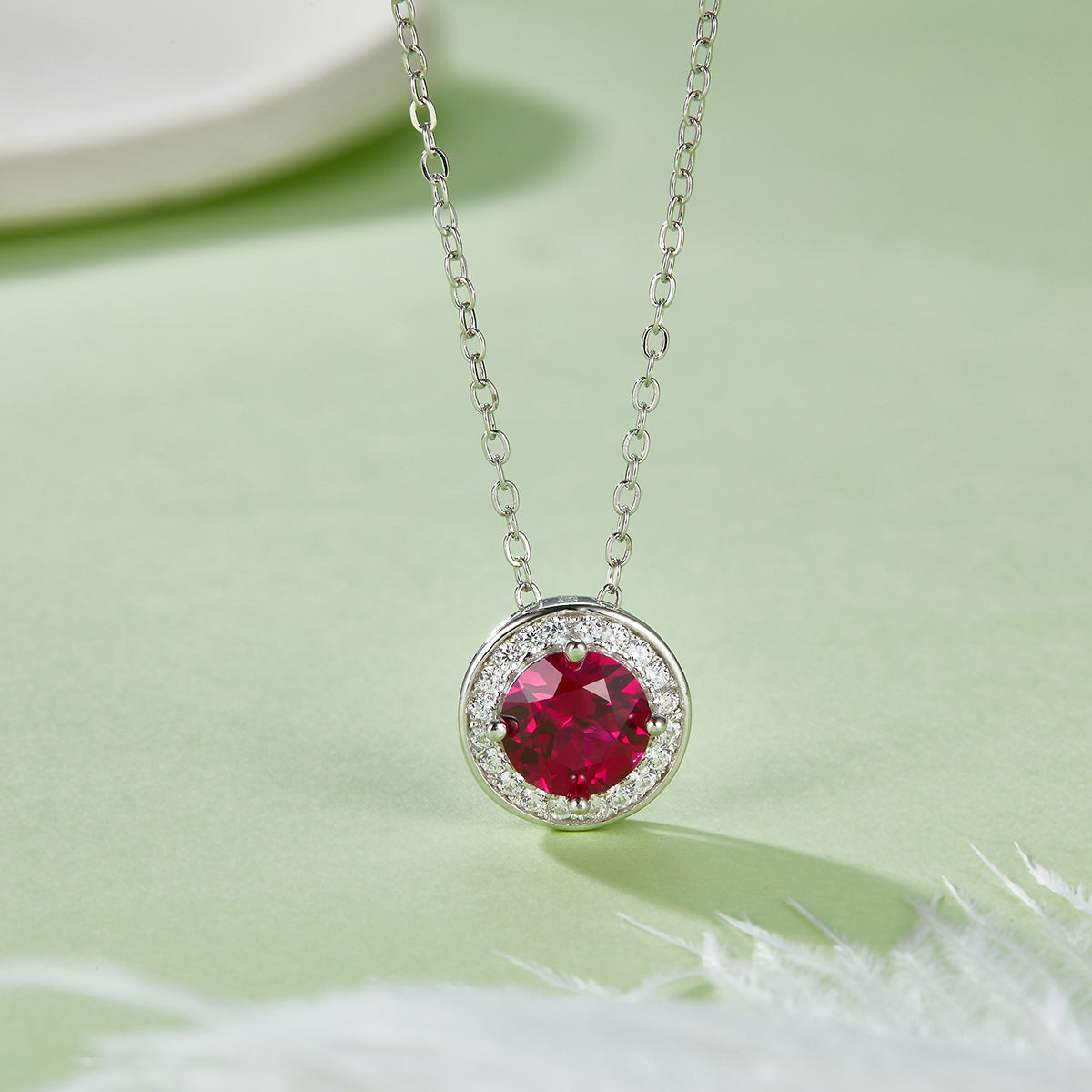 1.0 Carat Round Cultivated Colored Gemstone Halo Necklace in S925 Silver and Platinum Finish