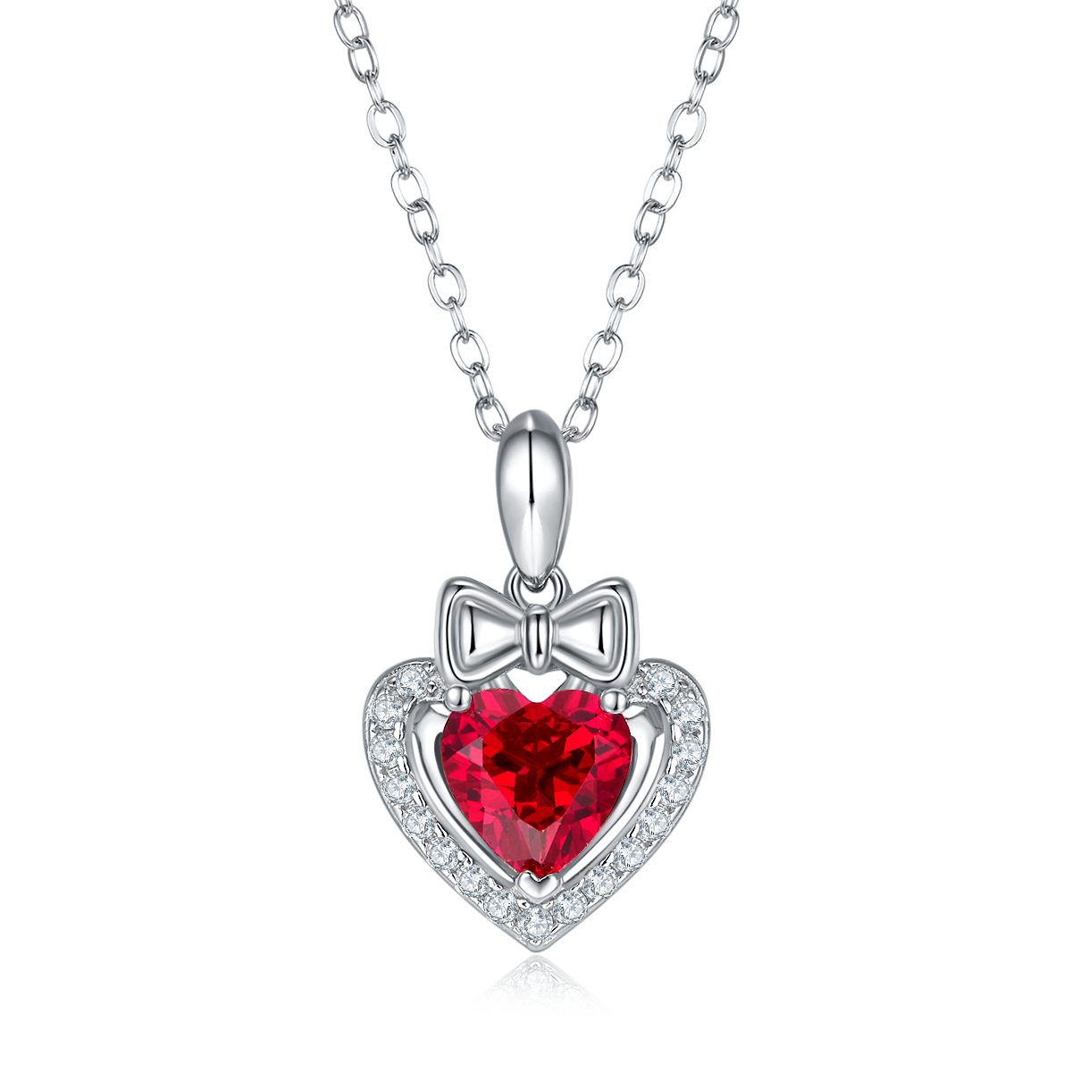 Heart-Shaped Lab Created Ruby Necklace with Halo Bow in S925 Silver Plated Platinum - 1.56 Carats