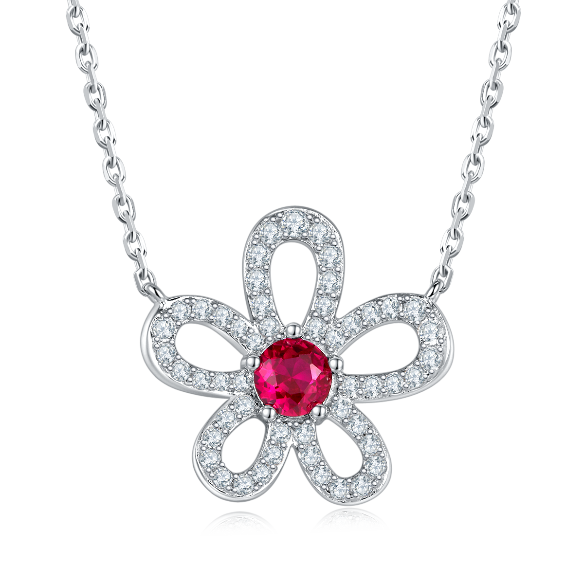 0.5 Carat Round Lab Created Emerald/Ruby Flower Necklace in S925 Silver with Platinum Plating