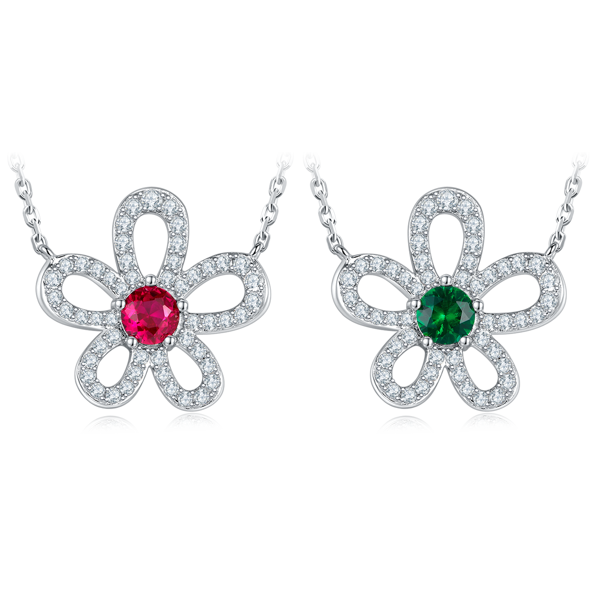 0.5 Carat Round Lab Created Emerald/Ruby Flower Necklace in S925 Silver with Platinum Plating