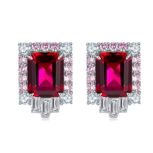 8.0 Carat Rectangular Lab Grown Ruby with Dual Tone Halo S925 Silver-Plated Platinum Stud Earrings