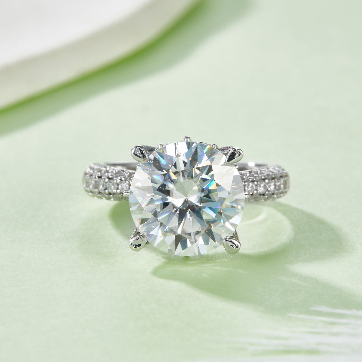 5.0 Carat Round Moissanite Cathedral Ring in S925 Silver with Platinum Finish