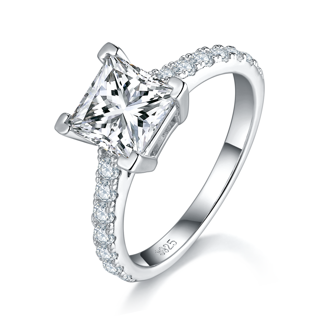 2.0 Carat Princess Cut Moissanite Cathedral Ring in S925 Silver with Platinum Plating
