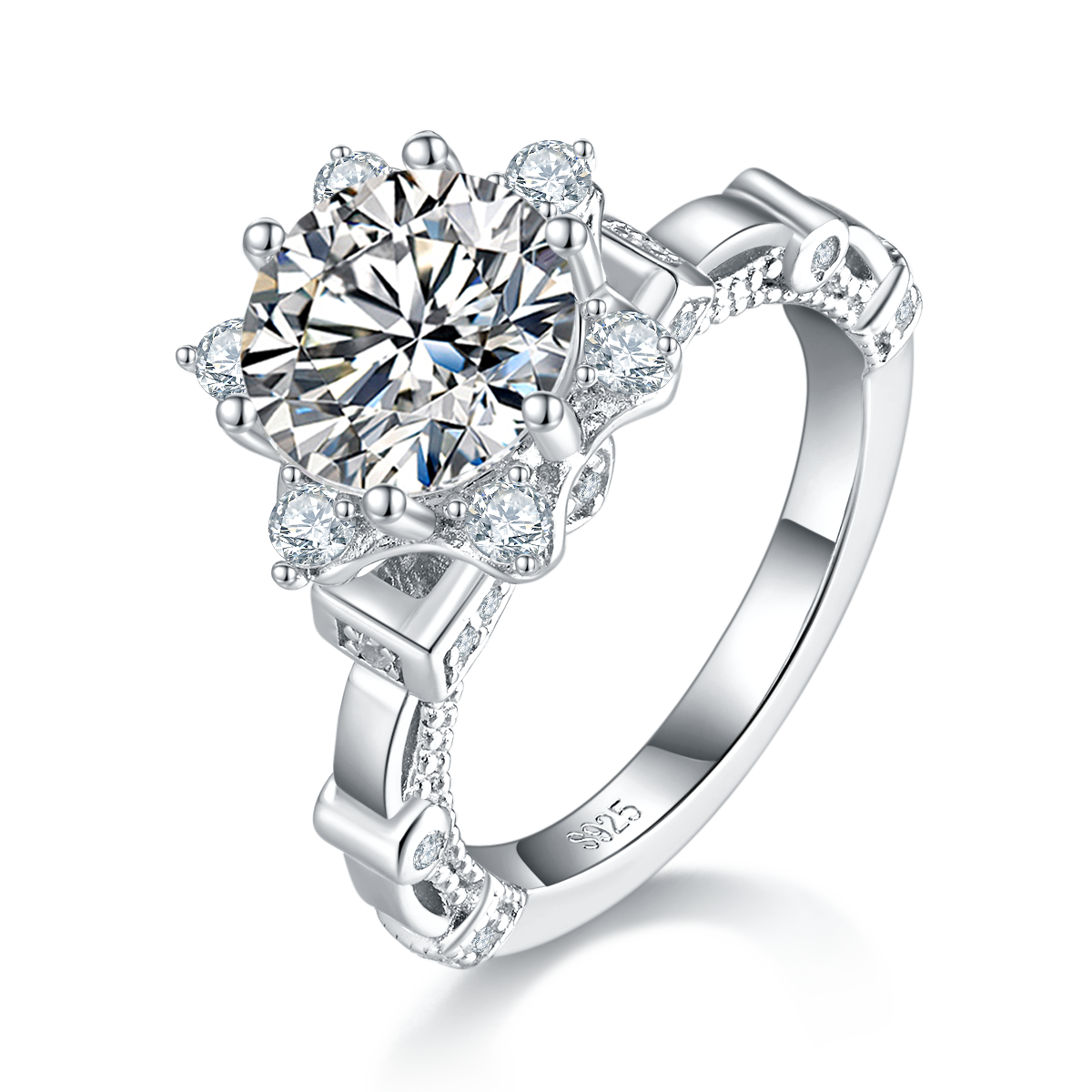 Elegant Floral Cathedral Ring with 2.0 Carat Round Moissanite and S925 Silver Plating