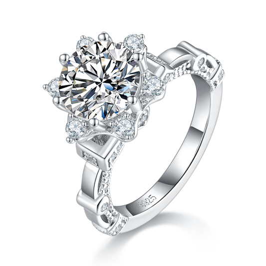 Elegant Floral Cathedral Ring with 2.0 Carat Round Moissanite and S925 Silver Plating