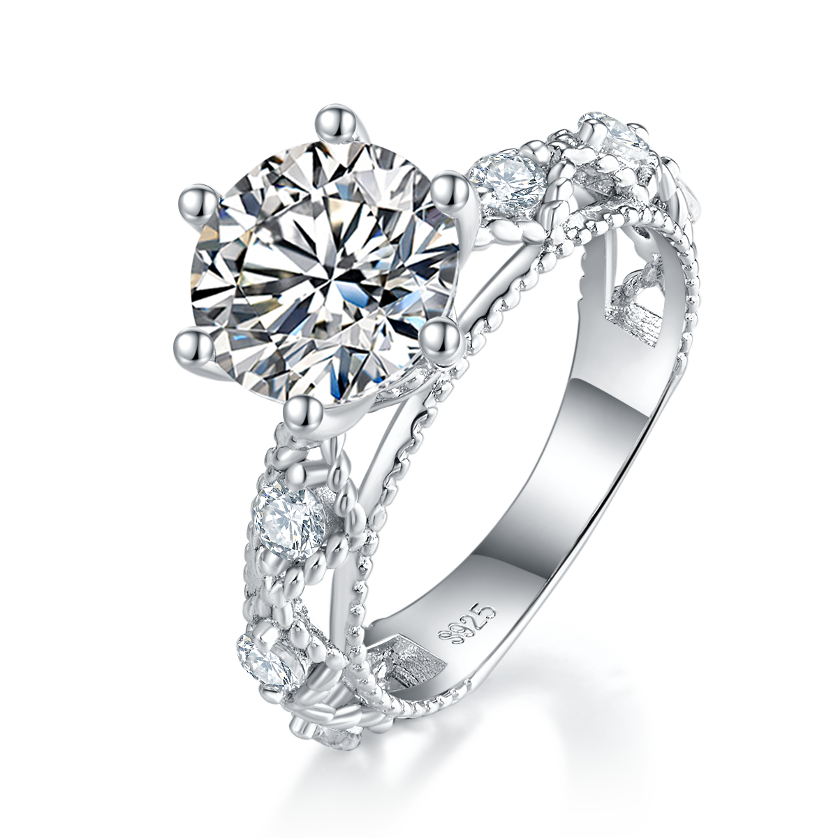 2.0 Carat Round Moissanite Cathedral Ring in S925 Silver with Platinum Finish