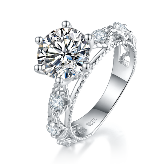 2.0 Carat Round Moissanite Cathedral Ring in S925 Silver with Platinum Finish