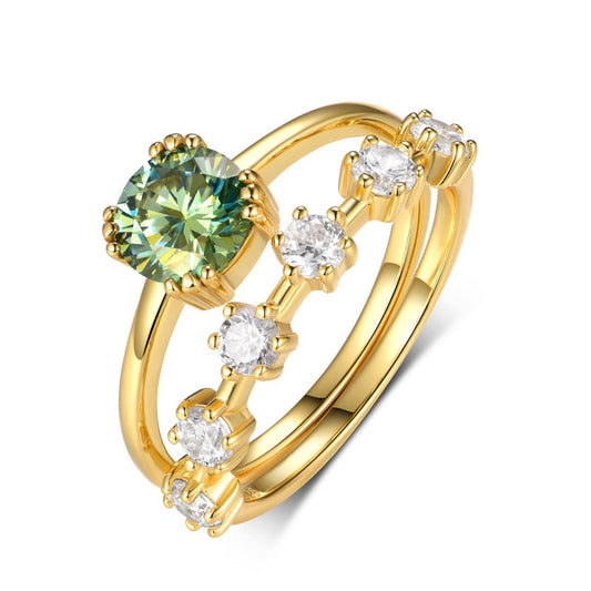 S925 Silver Plated 18K Gold Ring with 1.0 Carat Green Moissanite