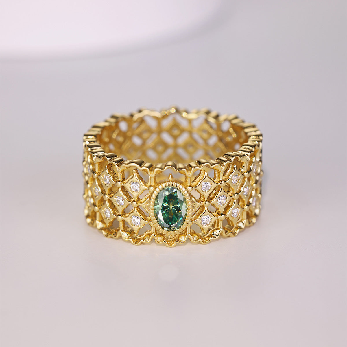 S925 Silver Plated 18K Gold Lace Craft Women's Ring with 0.5 Carat Green Oval-Shaped Moissanite