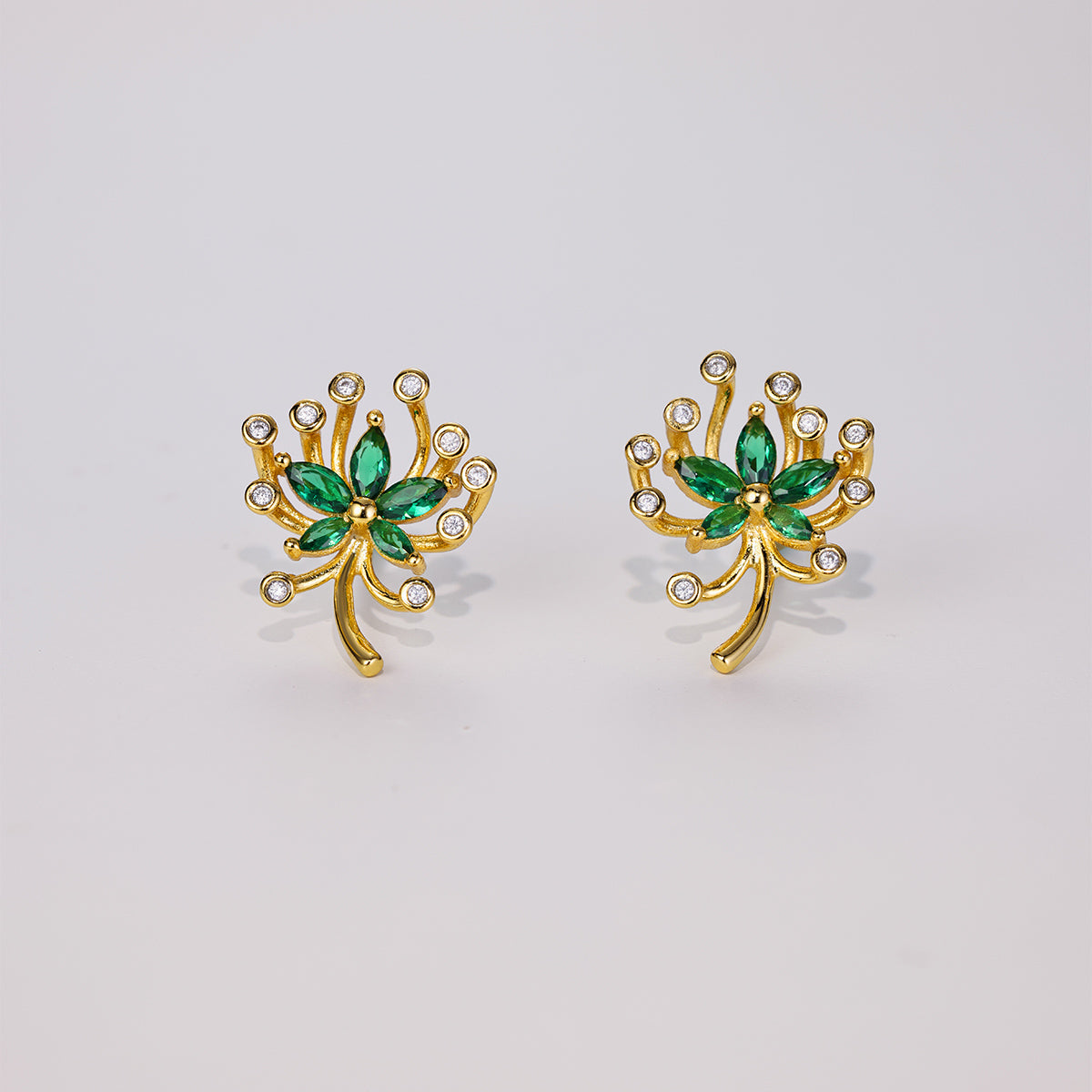 S925 Silver Plated 18K Gold Lab-Created Emerald Firework Stud Earrings