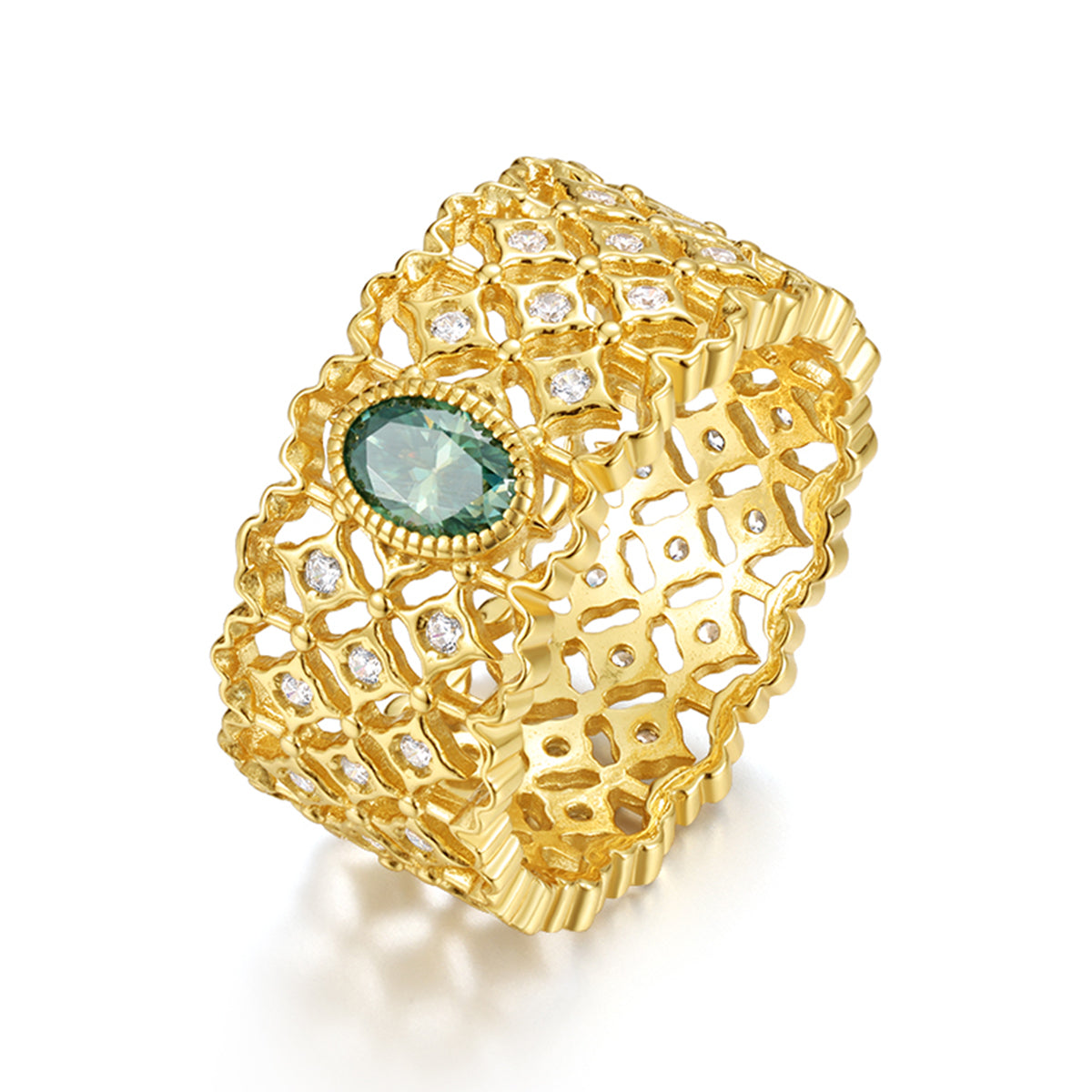 S925 Silver Plated 18K Gold Lace Craft Women's Ring with 0.5 Carat Green Oval-Shaped Moissanite