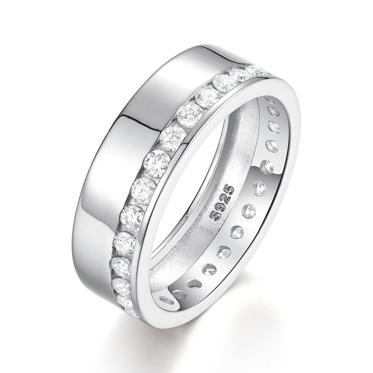 S925 Silver Plated 18K Platinum Simple Wedding Ring with Small Moissanite