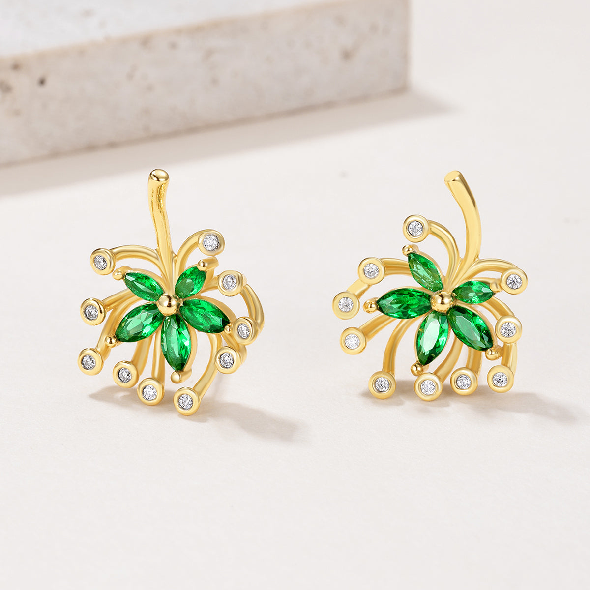 S925 Silver Plated 18K Gold Lab-Created Emerald Firework Stud Earrings