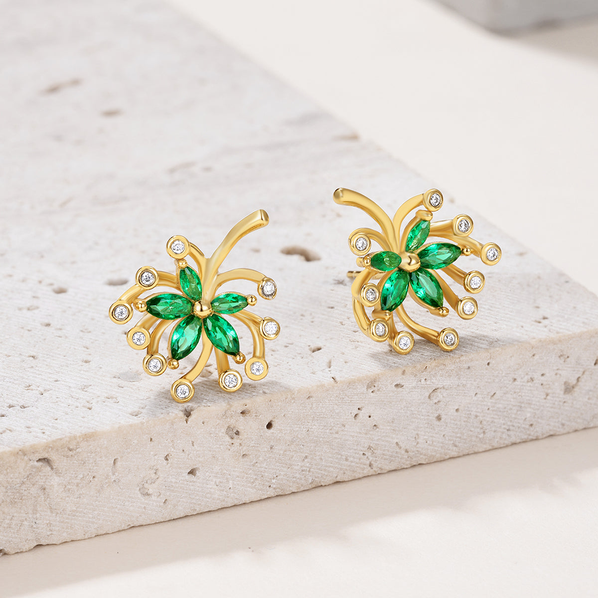 S925 Silver Plated 18K Gold Lab-Created Emerald Firework Stud Earrings