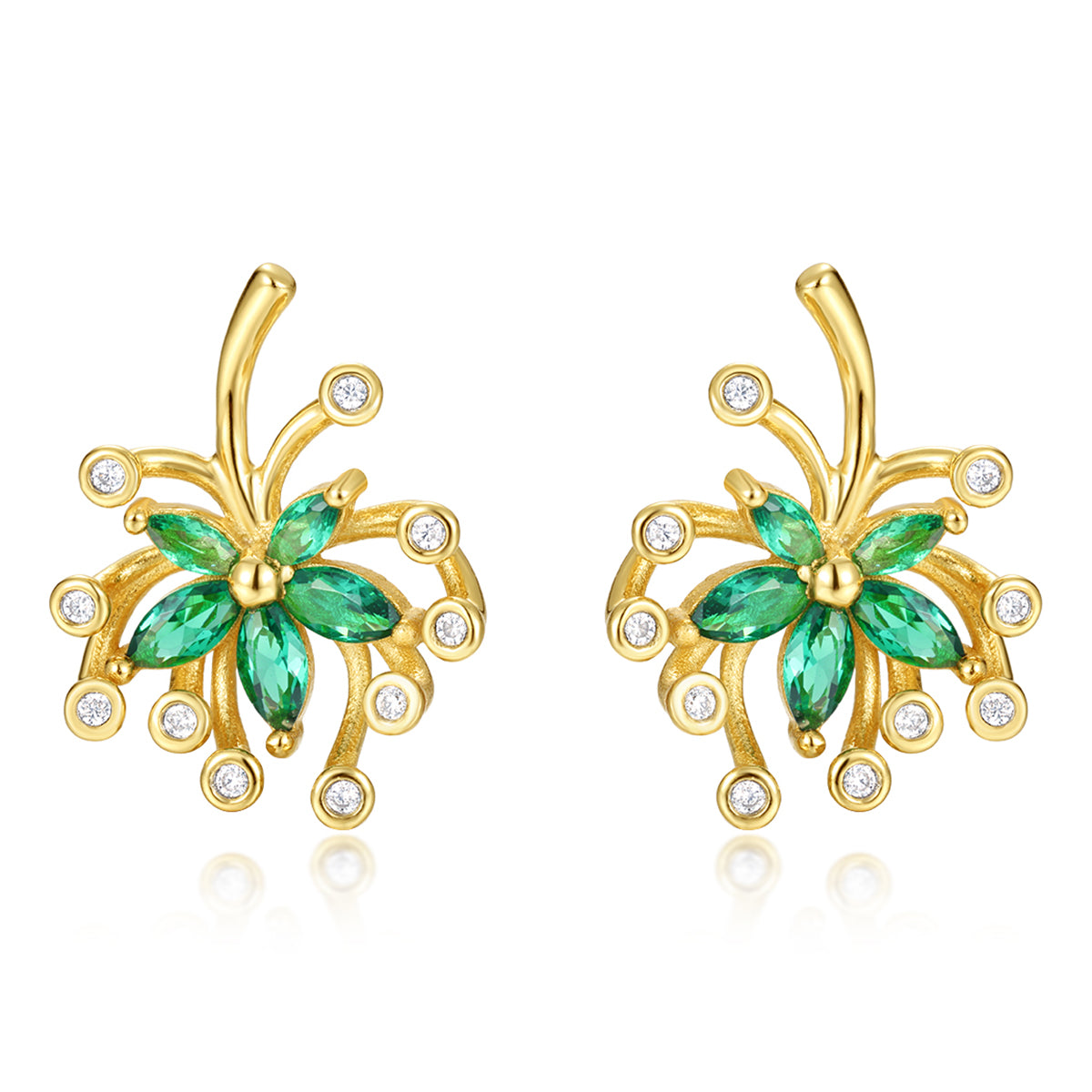S925 Silver Plated 18K Gold Lab-Created Emerald Firework Stud Earrings