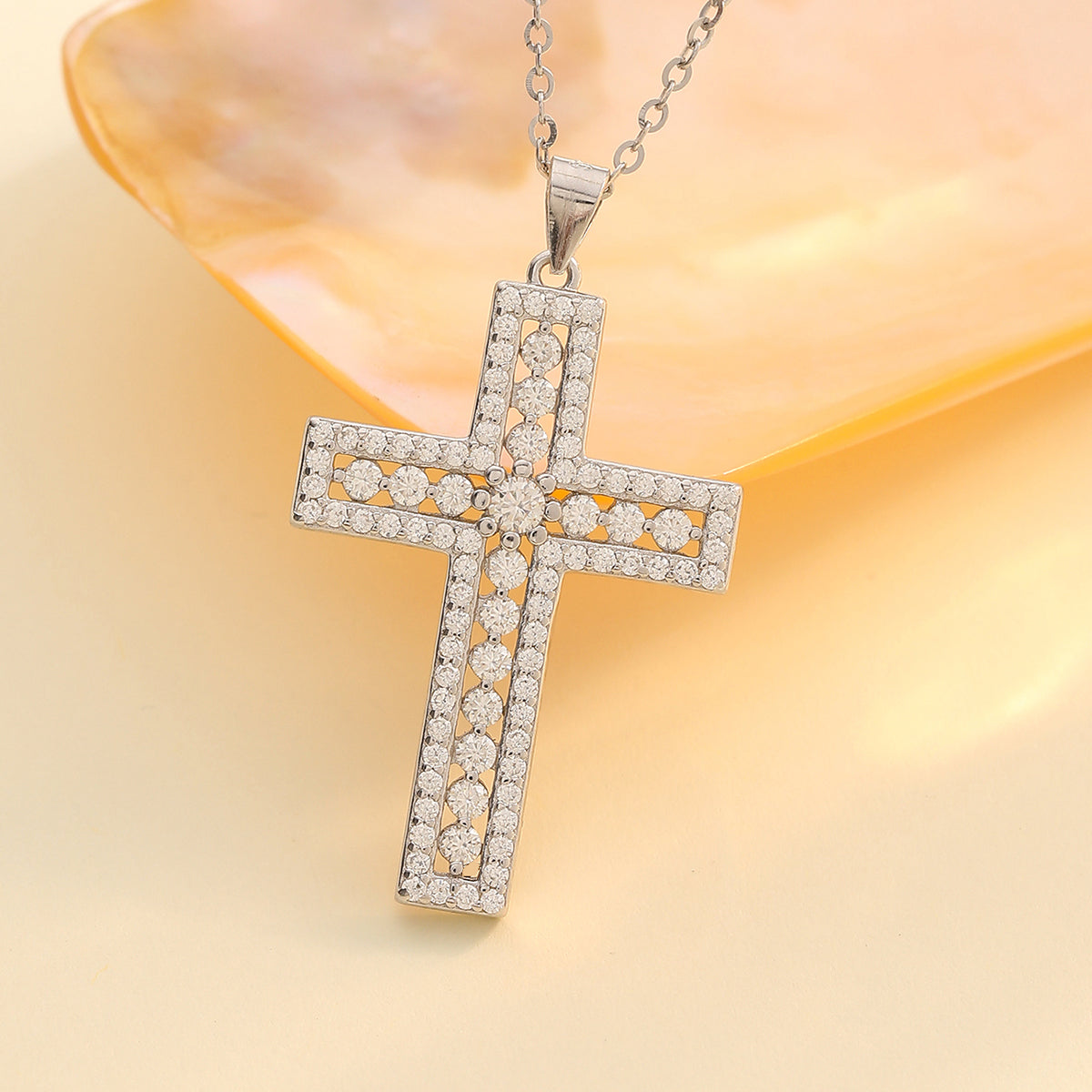 S925 Silver Plated 18K Platinum Necklace Moissanite Cross Pendant