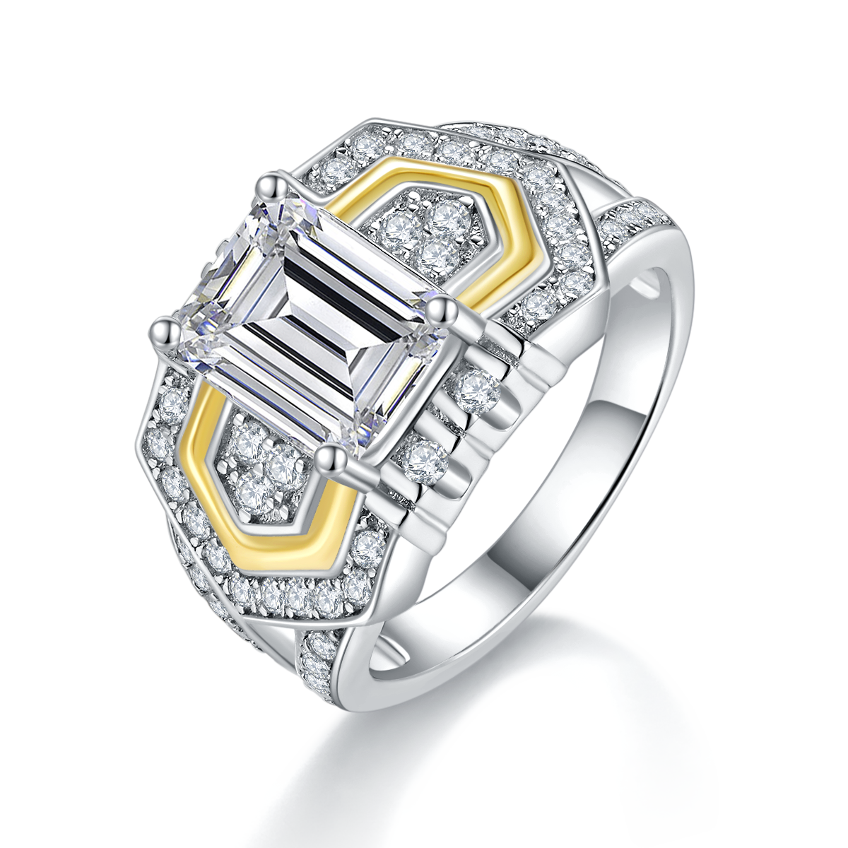S925 Silver Plated 18K Platinum Dual Tone Women's Ring with 3.0 Carat Emerald Shaped Moissanite
