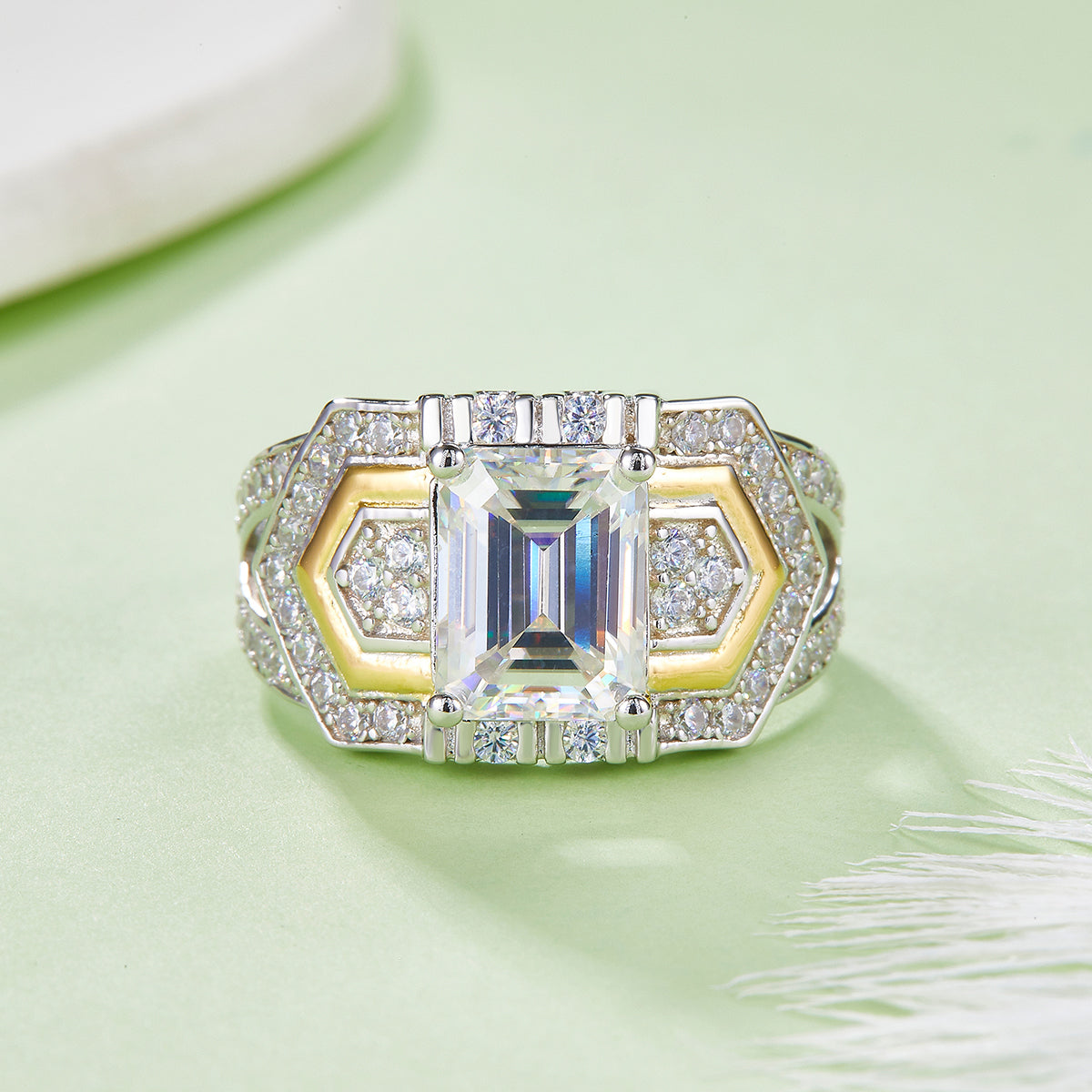 S925 Silver Plated 18K Platinum Dual Tone Women's Ring with 3.0 Carat Emerald Shaped Moissanite