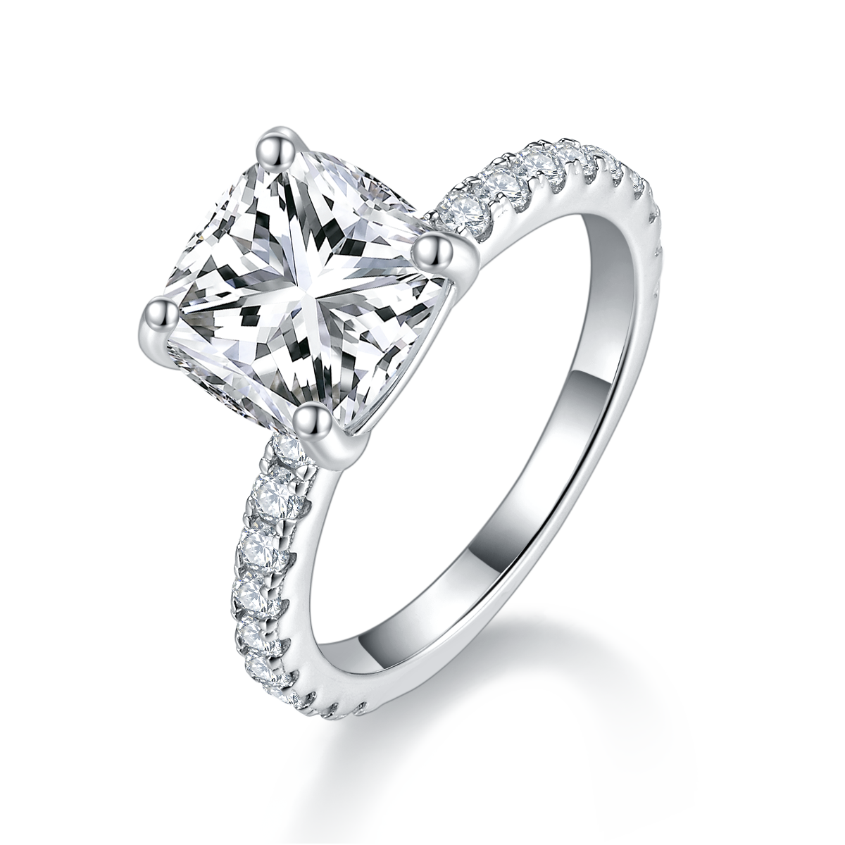 S925 Silver Plated 18K Platinum Cathedral Ring with 3.0 Carat Cushion Cut Moissanite