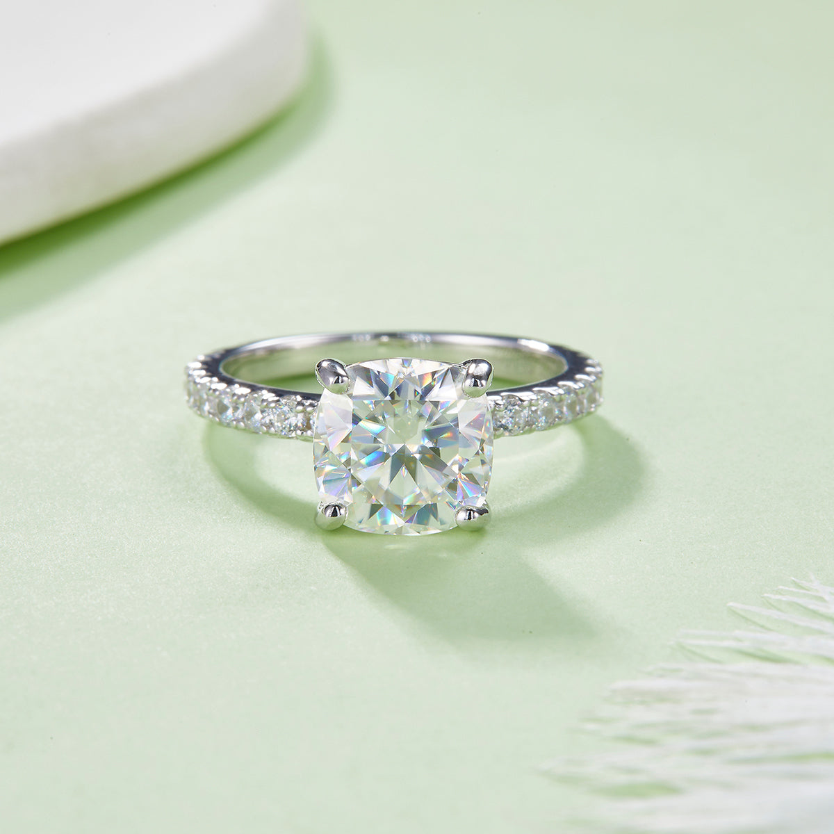 S925 Silver Plated 18K Platinum Cathedral Ring with 3.0 Carat Cushion Cut Moissanite