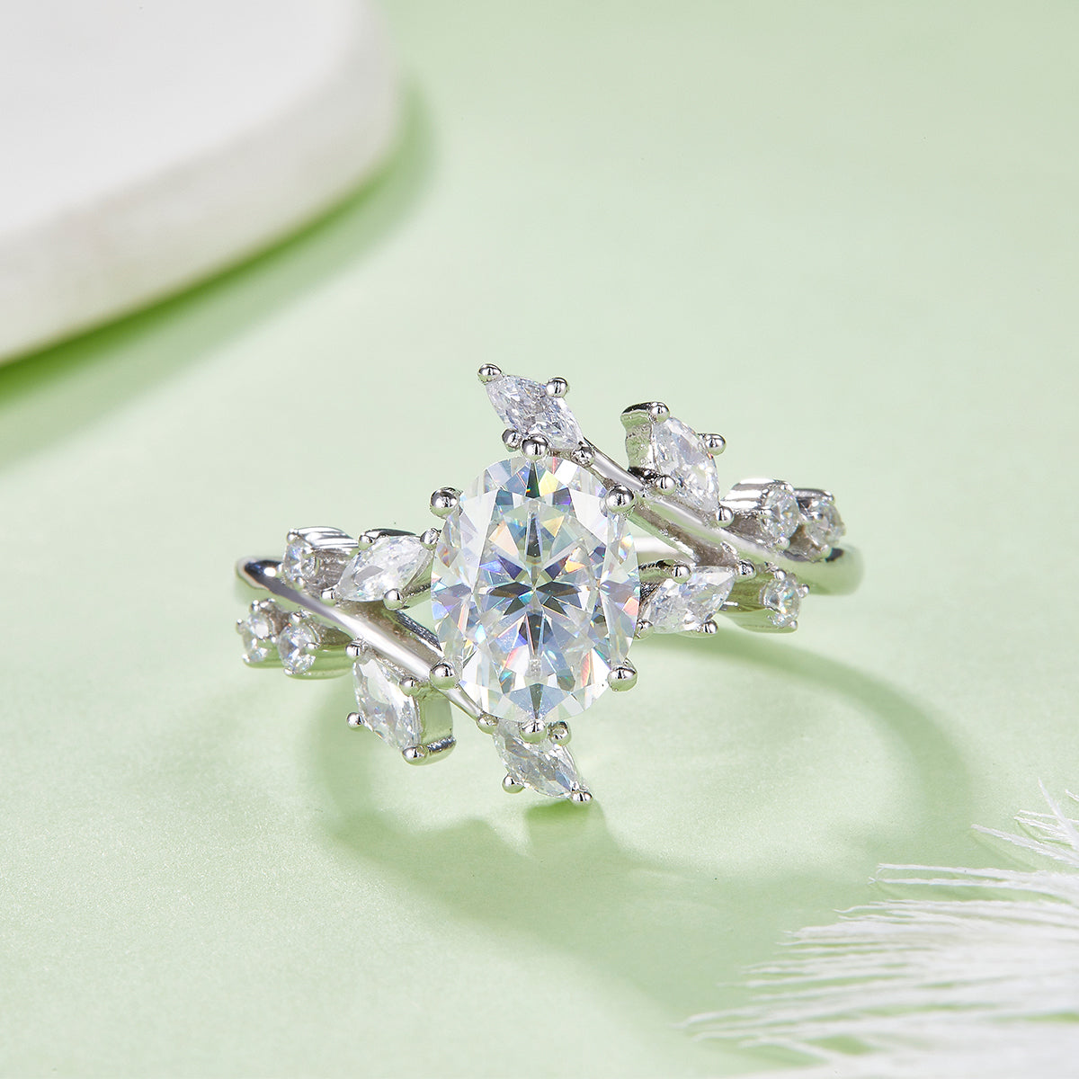 S925 Silver Plated 18K Platinum Wreath Shaped Women's Ring with 2.0 Carat Oval Shaped Moissanite