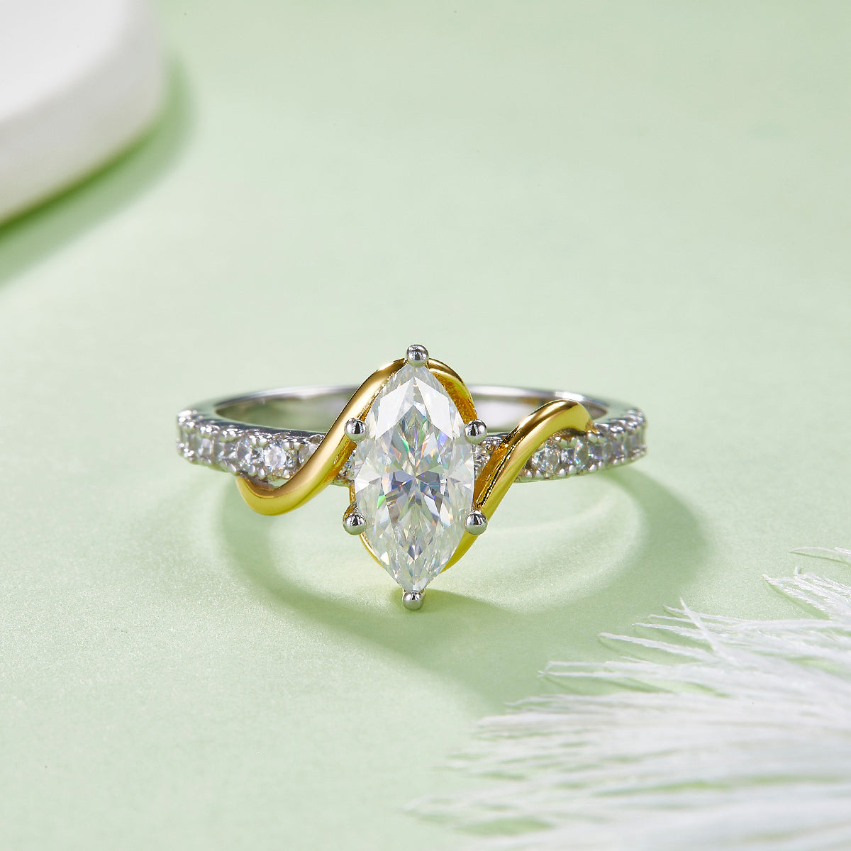 S925 Silver Plated 18K Platinum Cathedral Ring with Moissanite