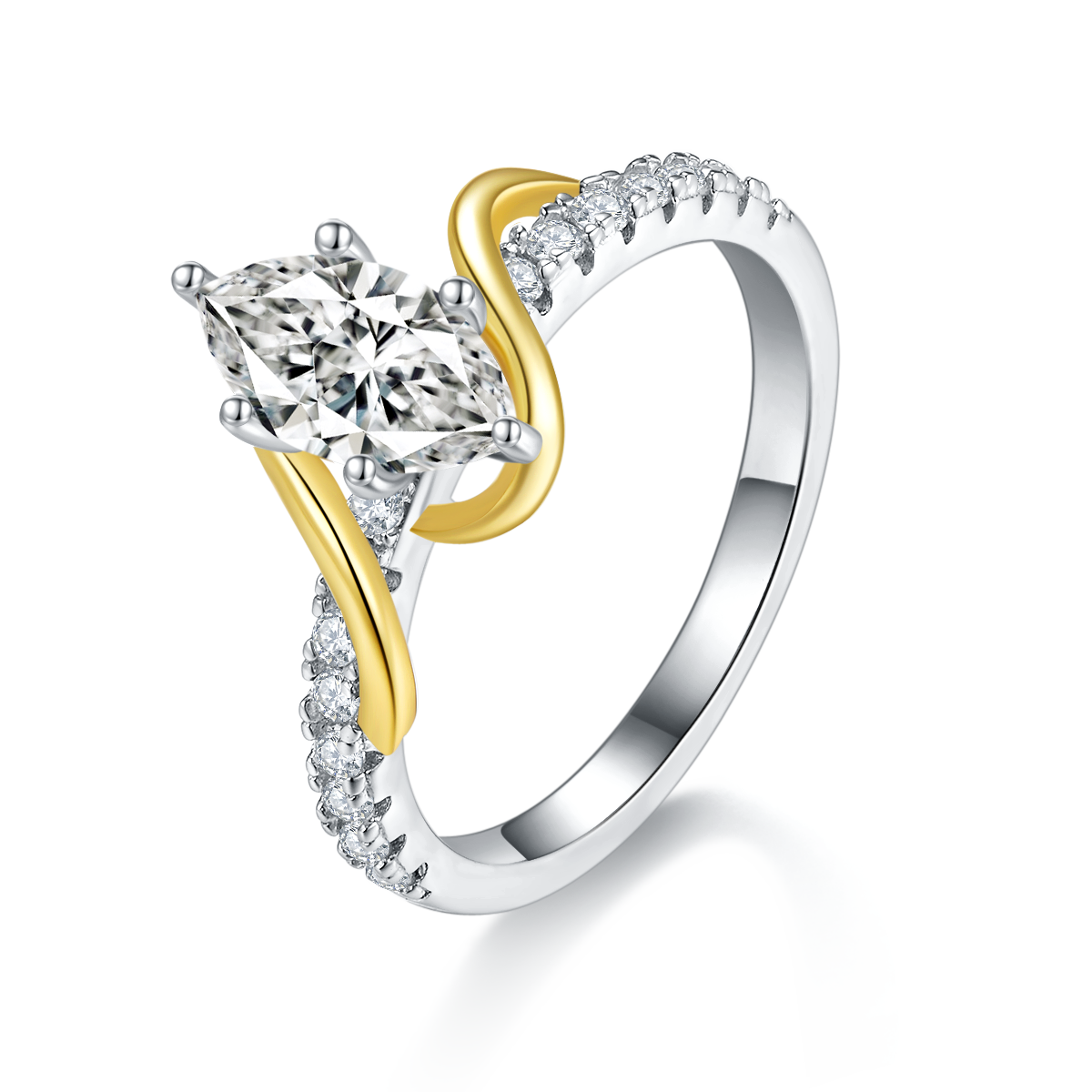 S925 Silver Plated 18K Platinum Cathedral Ring with Moissanite