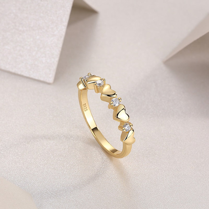 S925 Silver Plated 18K Gold Heart-Shape Women's Ring with Small Round Moissanite