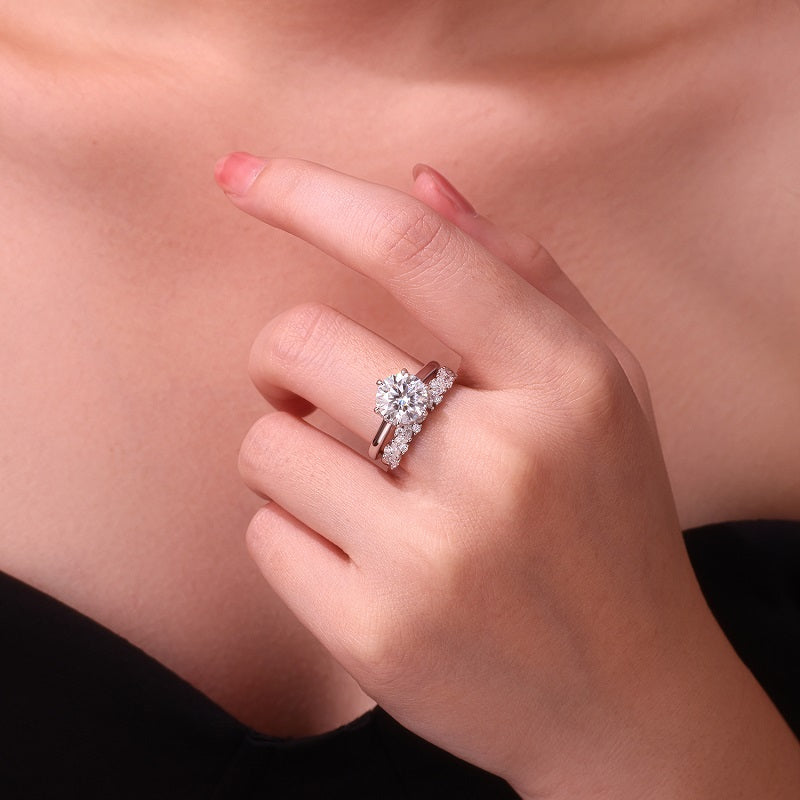 3.0 Carat Round Cut Moissanite S925 Silver Plated Ring Set