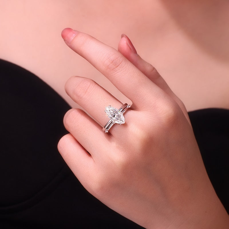 3.0 Carat Marquise Shaped Moissanite Silver Plated Ring Set