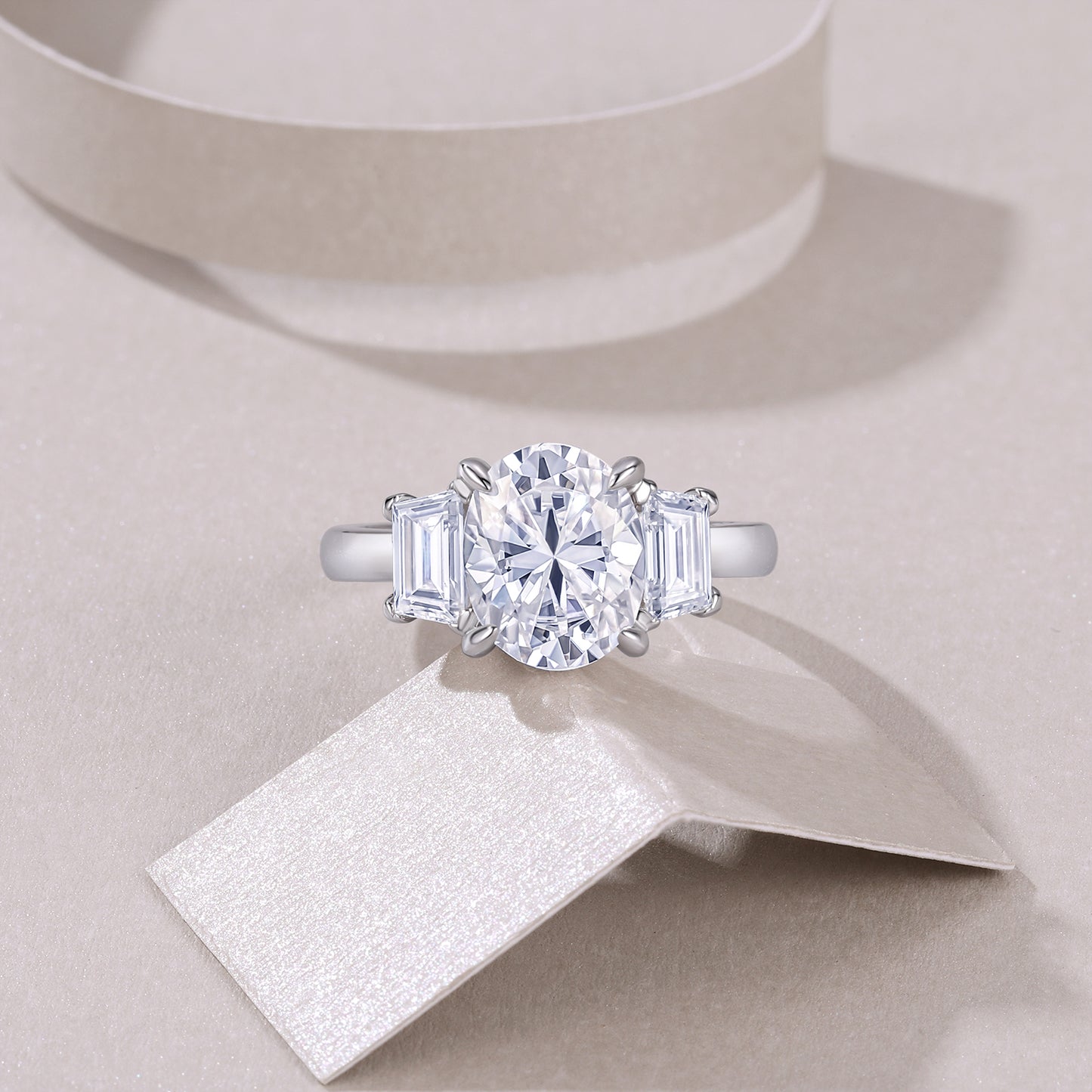 3.0 Carat Oval Moissanite S925 Silver Plated Three Stone Ring