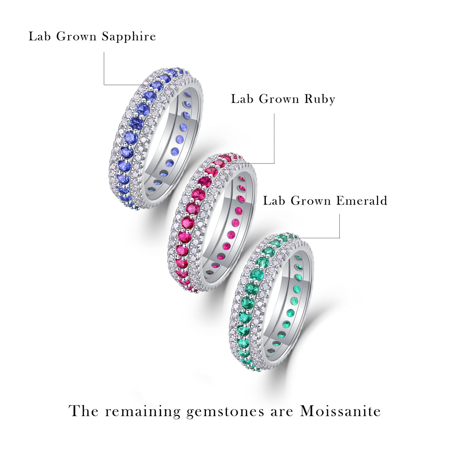 S925 Silver Plated 18K Platinum Lab Grown Gemstones Eternity Ring with Moissanite
