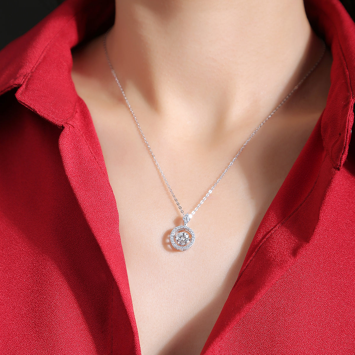 Dynamic Circular Pendant Silver Plated 18K Platinum Necklace with 1.0 Carat Moissanite