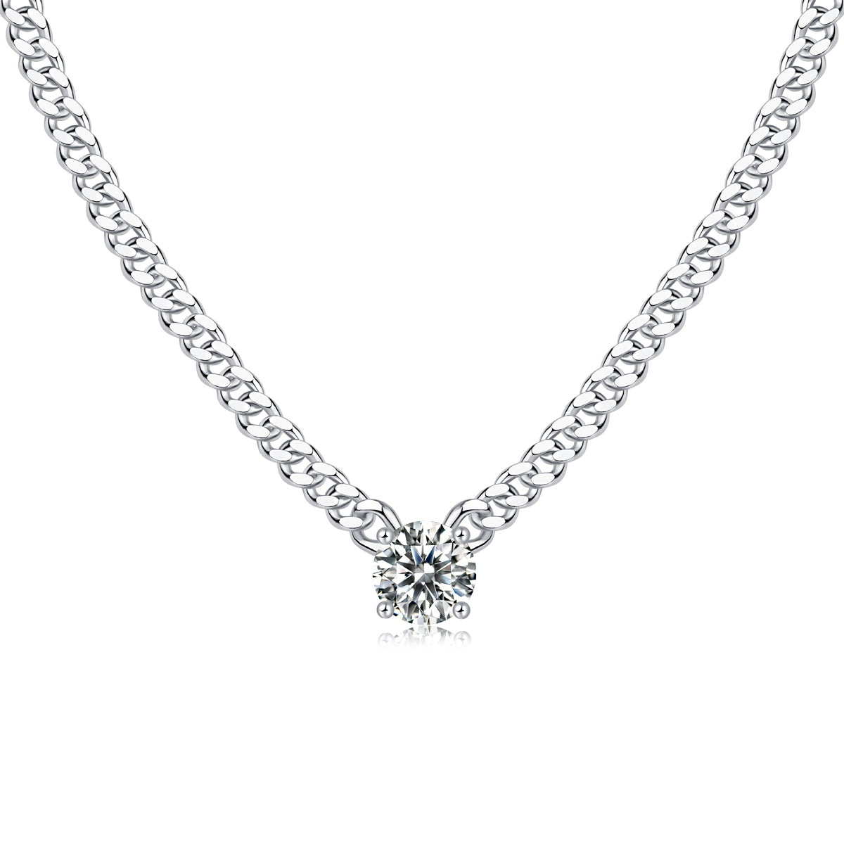 Silver Plated 18K Platinum Cuban Chain Necklace with 1.0 Carat Round Cut Moissanite Pendant