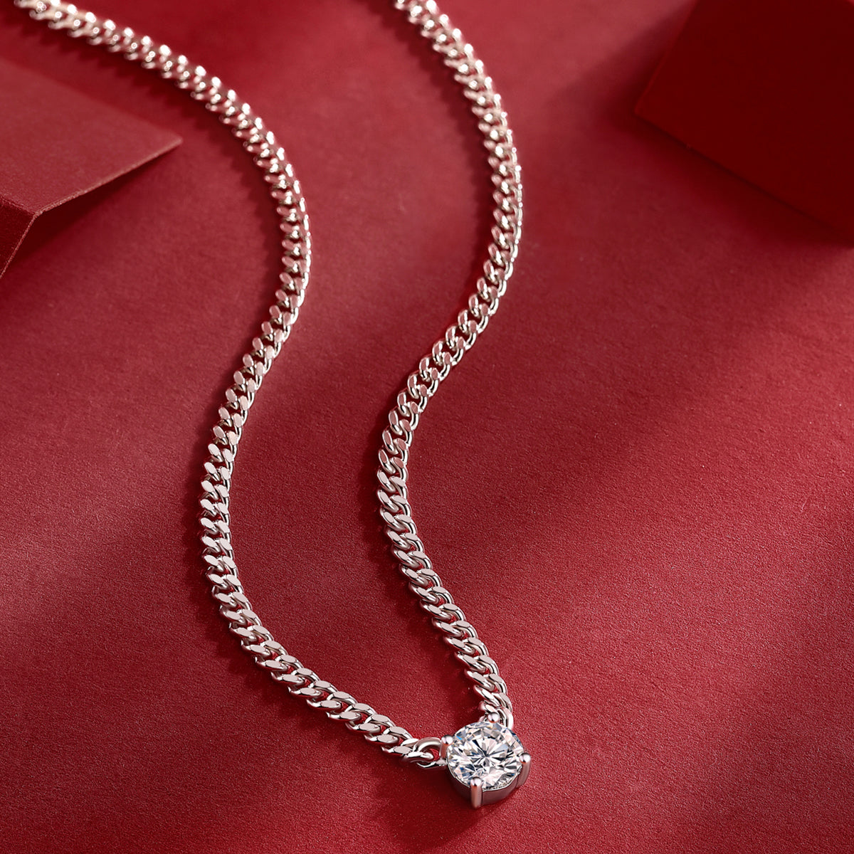 Silver Plated 18K Platinum Cuban Chain Necklace with 1.0 Carat Round Cut Moissanite Pendant