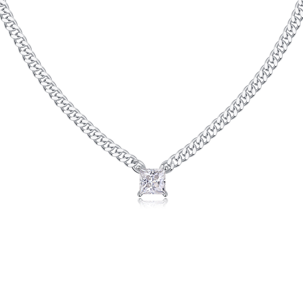 Silver Plated 18K Platinum Cuban Chain Necklace with 1.0 Carat Princess Cut Moissanite Pendant